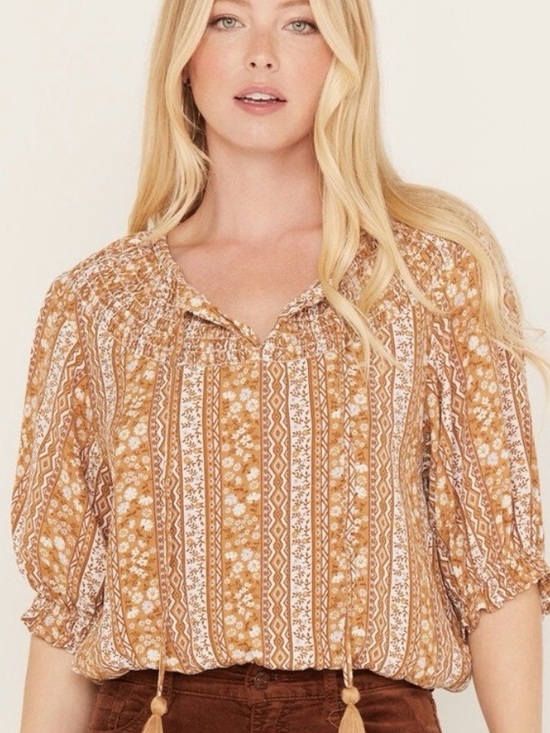 Wrangler Retro Tops - Wrangler Retro Floral Stripe Crop Top Peasant Rayon Boho Western Blouse Large